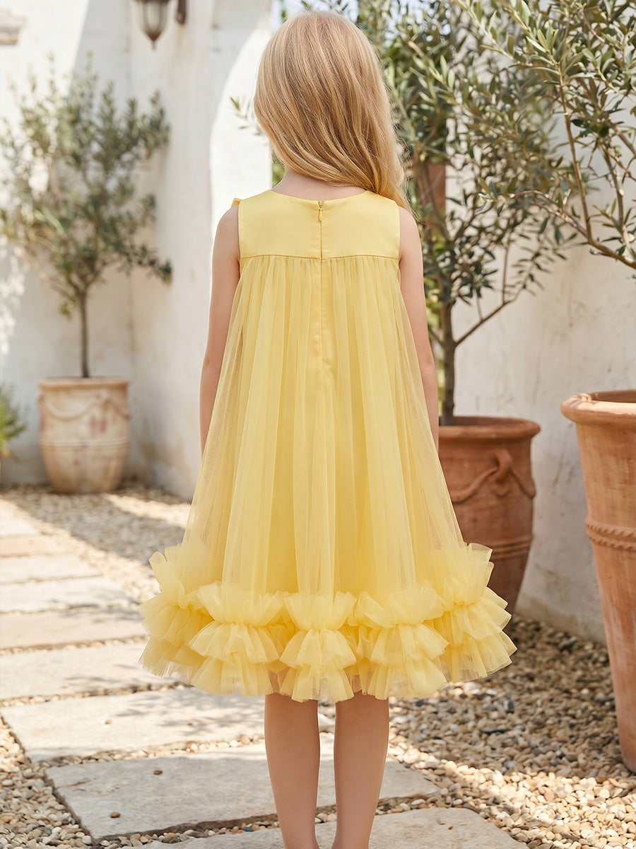 Robe de Bal en Tulle à Col Rond ans Manches Longueur Genou avec Nœud Papillon pour Filles