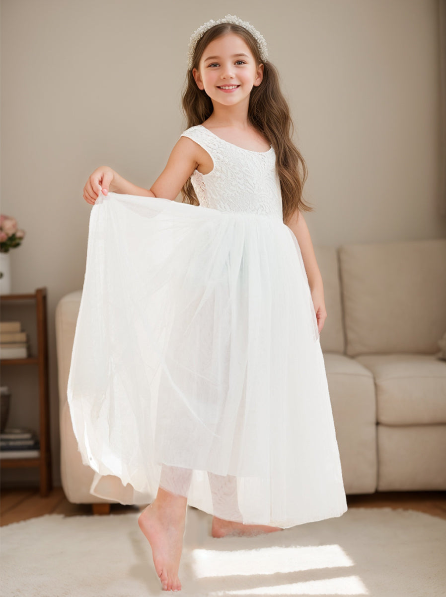Robe Blanche Trapèze en Tulle et Dentelle Jusqu'À la Cheville