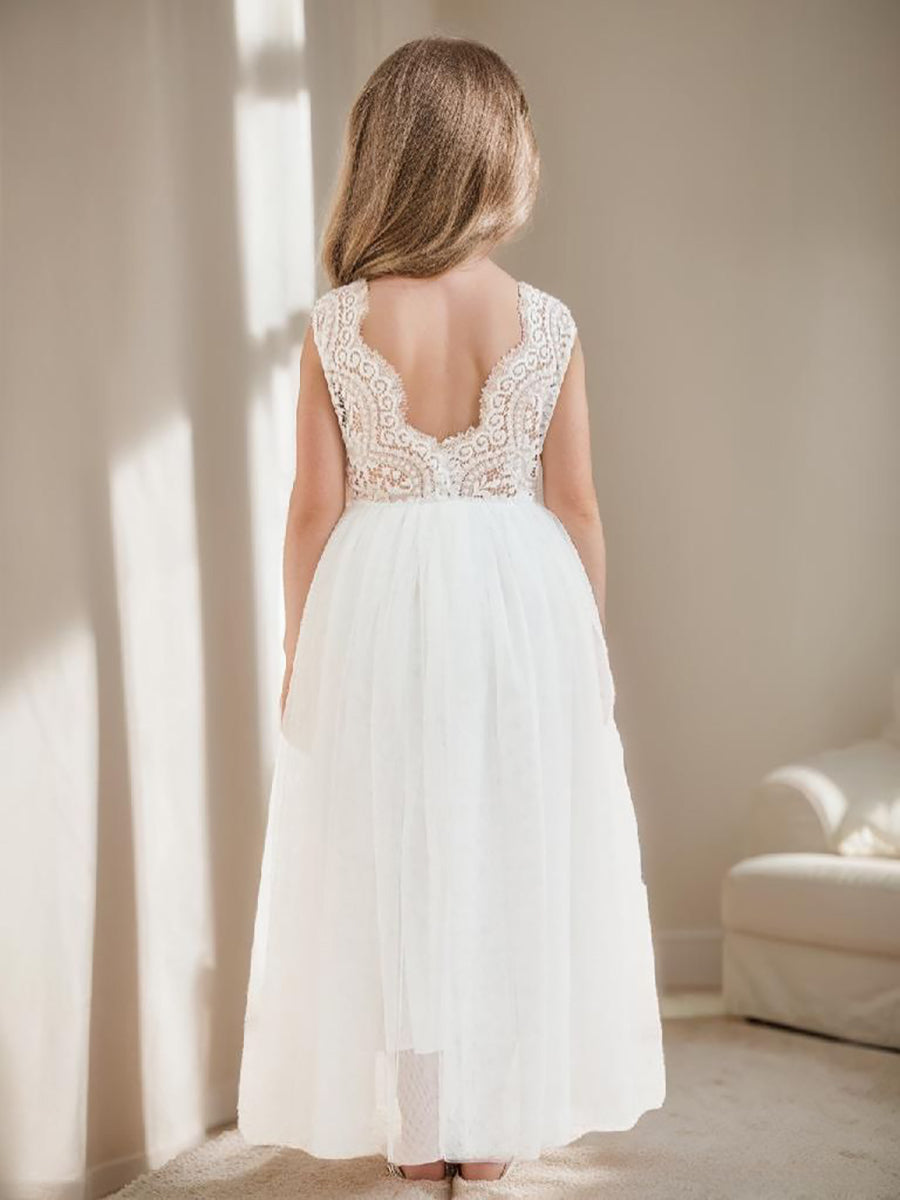 Robe Blanche Trapèze en Tulle et Dentelle Jusqu'À la Cheville