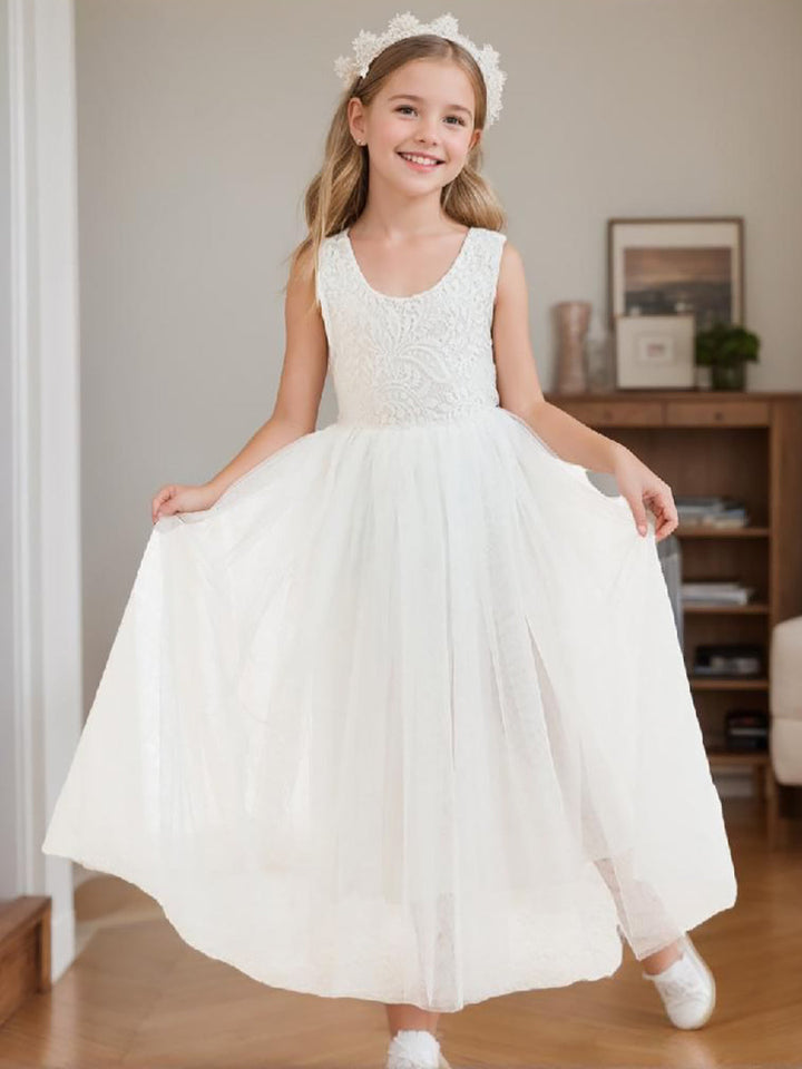 Robe Blanche Trapèze en Tulle et Dentelle Jusqu'À la Cheville