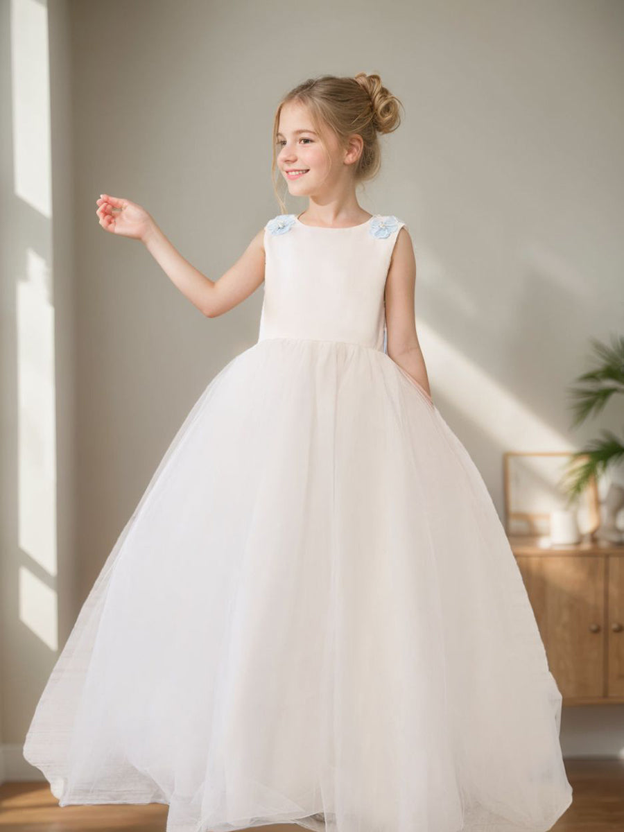 Robe de Bal/Princesse en Tulle à Fleurs 3D, Longueur Au Sol, Couleur Ivoire, pour Demoiselle D'Honneur