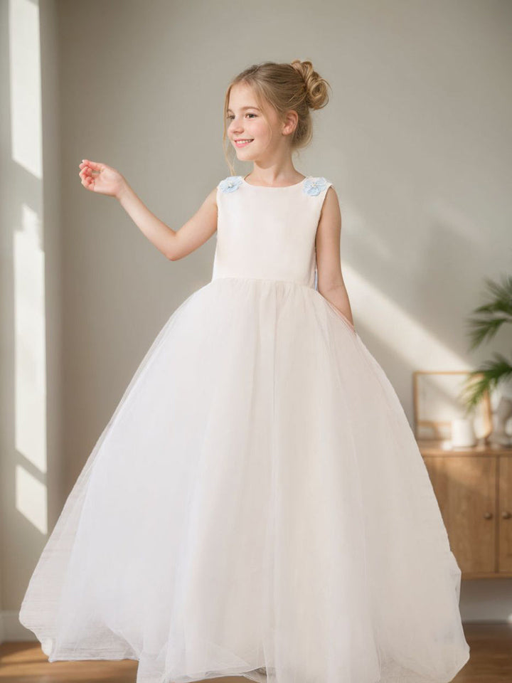 Robe de Bal/Princesse en Tulle à Fleurs 3D, Longueur Au Sol, Couleur Ivoire, pour Demoiselle D'Honneur