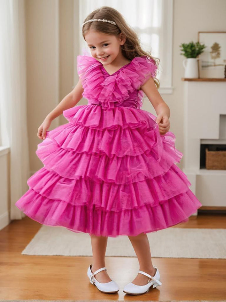 Robe de Bal/Princesse Rose Sans Manches en Tulle pour Fille avec Volants