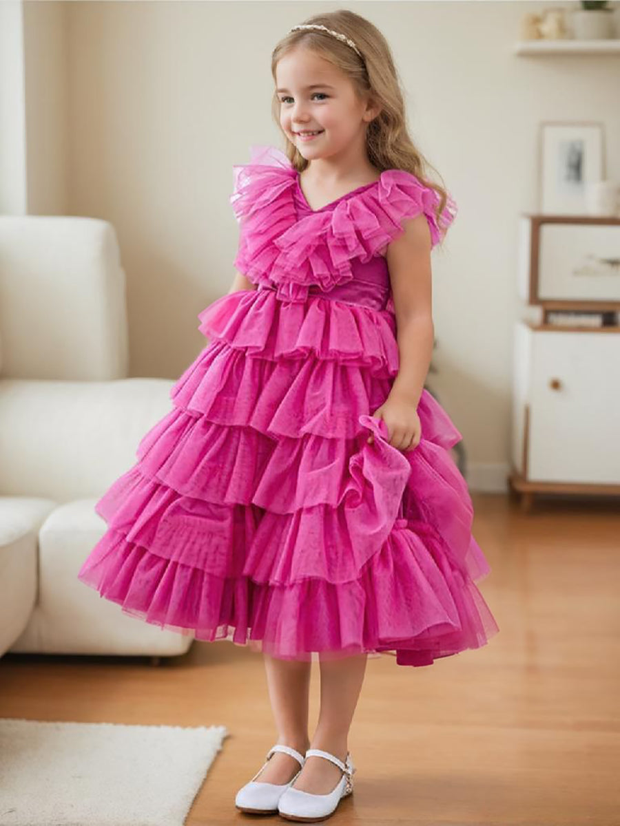 Robe de Bal/Princesse Rose Sans Manches en Tulle pour Fille avec Volants