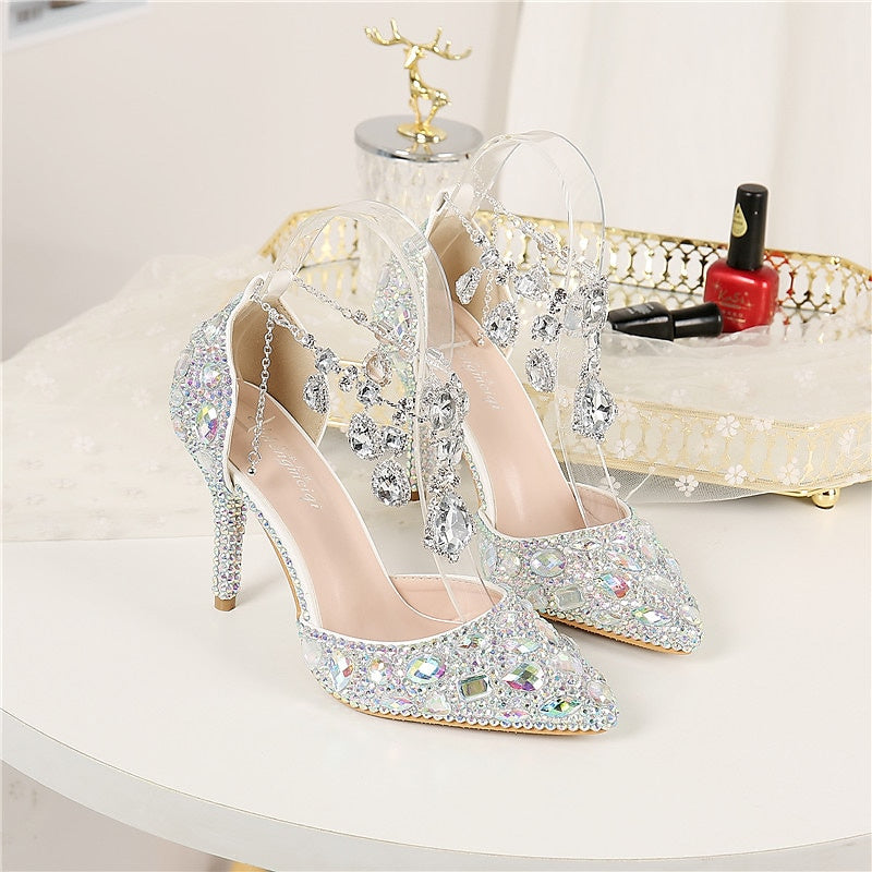 Chaussures de Mariage pour Femmes Escarpins en Similicuir Bout Fermé Bout Pointu Talon Aiguille en Cristal Talons Hauts Chaussures de Mariage Chaussures de Mariée