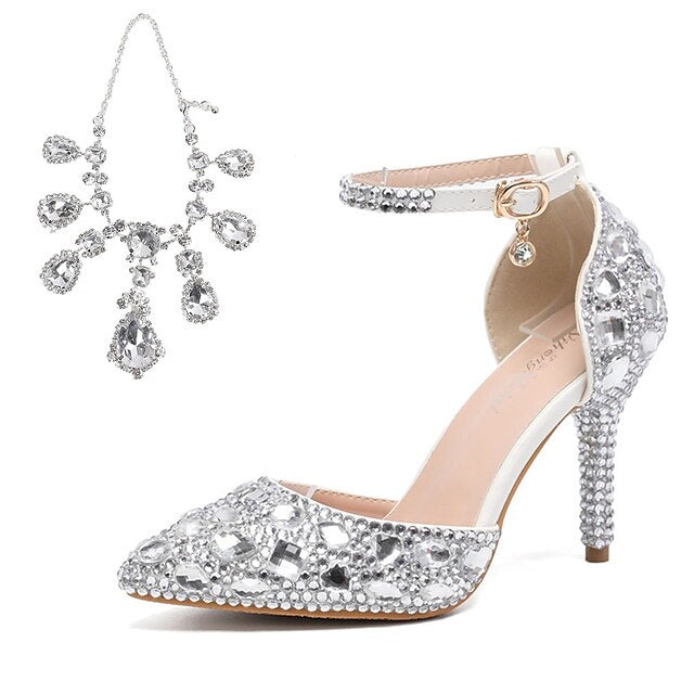 Chaussures de Mariage pour Femmes Escarpins en Similicuir Bout Fermé Bout Pointu Talon Aiguille en Cristal Talons Hauts Chaussures de Mariage Chaussures de Mariée