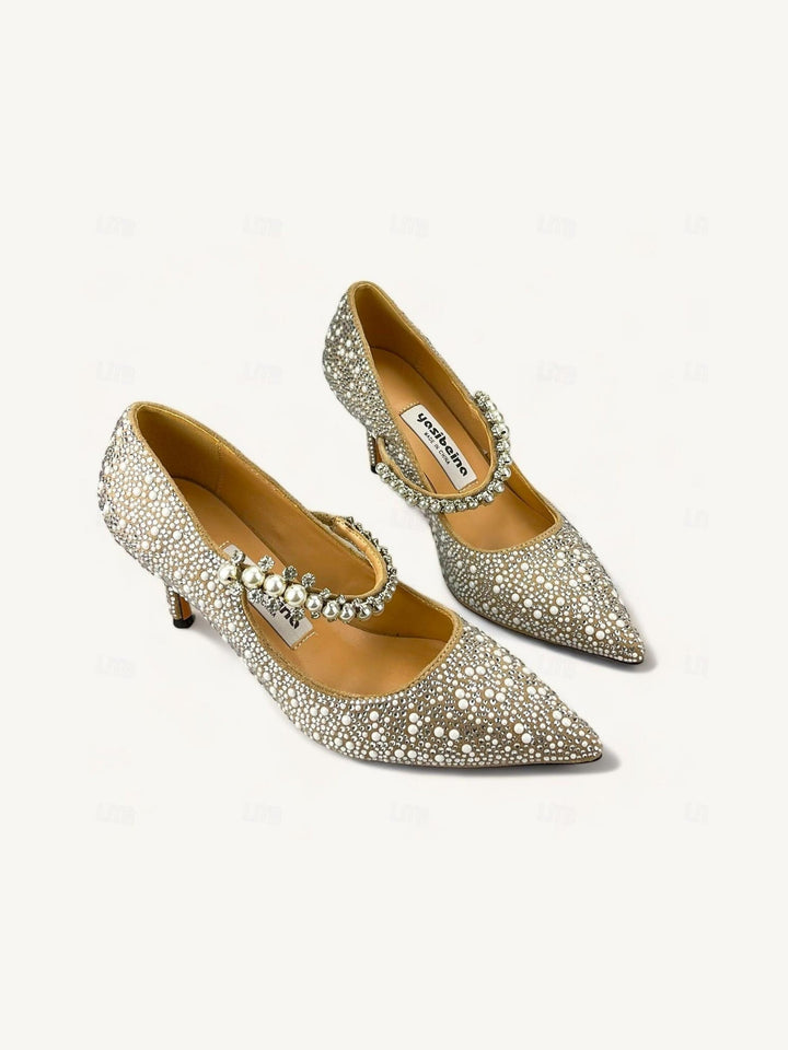 Chaussures de Mariage pour Femmes Chaussures Scintillantes en Strass Chaussures de Mariée à Talon Plat et Bout Pointu
