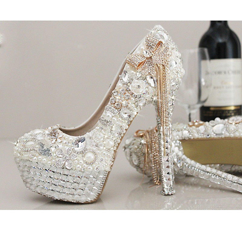 Chaussures de Mariage pour Femmes Strass Cristal Imitation Perle Nœud Papillon Gland Talon Aiguille Plate-Forme Bout Fermé Chaussures de Mariée