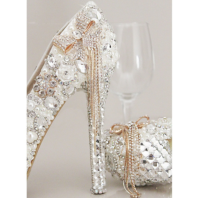 Chaussures de Mariage pour Femmes Strass Cristal Imitation Perle Nœud Papillon Gland Talon Aiguille Plate-Forme Bout Fermé Chaussures de Mariée