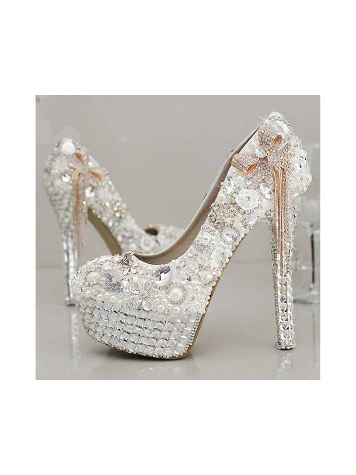 Chaussures de Mariage pour Femmes Strass Cristal Imitation Perle Nœud Papillon Gland Talon Aiguille Plate-Forme Bout Fermé Chaussures de Mariée