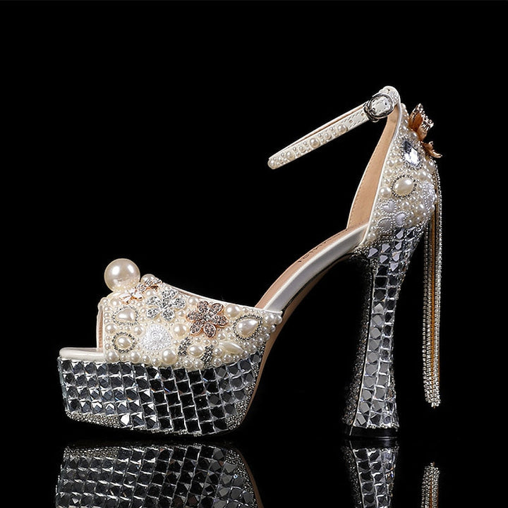 Chaussures de Mariage pour Femmes Strass Cristal Imitation Perle Nœud Papillon Gland Talon Aiguille Plate-Forme Bout Fermé Chaussures de Mariée
