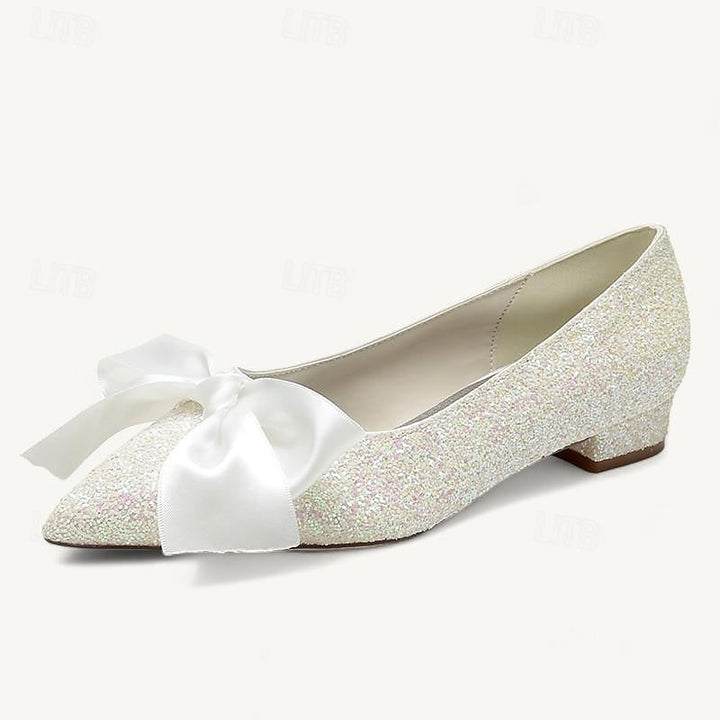 Chaussures de Mariage pour Femmes, Chaussures Plates à Nœud Papillon, Talon Plat, Talon Bas, Bout Pointu, Chaussures de Mariée