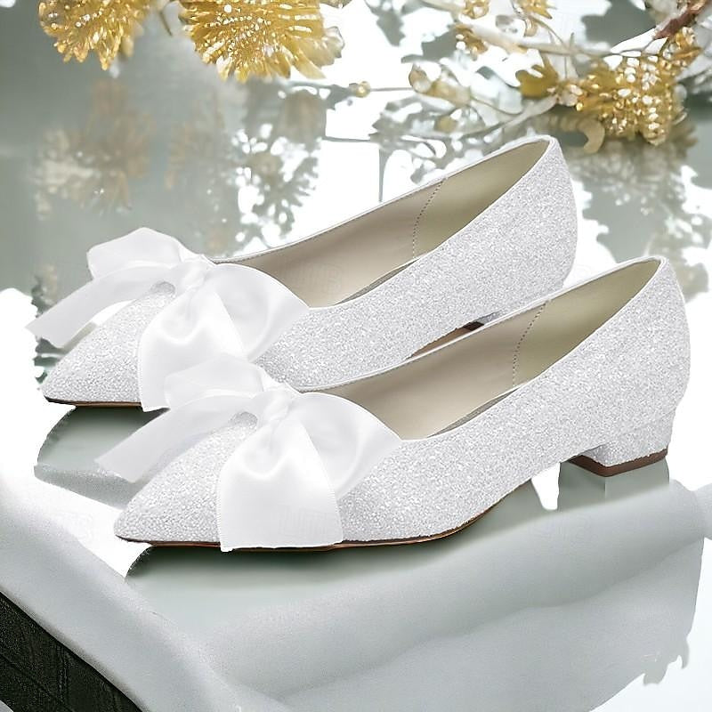 Chaussures de Mariage pour Femmes, Chaussures Plates à Nœud Papillon, Talon Plat, Talon Bas, Bout Pointu, Chaussures de Mariée