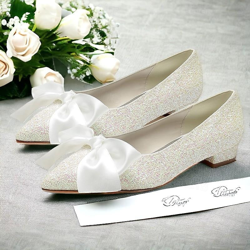 Chaussures de Mariage pour Femmes, Chaussures Plates à Nœud Papillon, Talon Plat, Talon Bas, Bout Pointu, Chaussures de Mariée