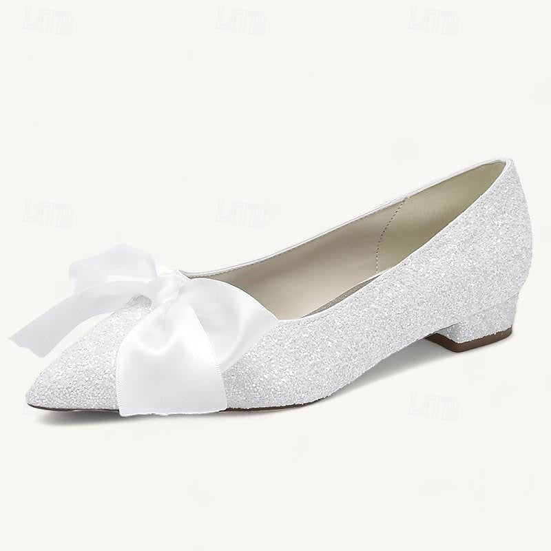 Chaussures de Mariage pour Femmes, Chaussures Plates à Nœud Papillon, Talon Plat, Talon Bas, Bout Pointu, Chaussures de Mariée
