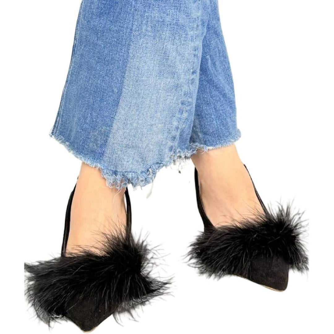 Chaussures de Mariage pour Femmes, Chaussures de Mariée Noires à Bout Pointu et à Talon Bas avec Boucle et Plumes