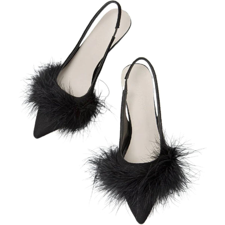 Chaussures de Mariage pour Femmes, Chaussures de Mariée Noires à Bout Pointu et à Talon Bas avec Boucle et Plumes
