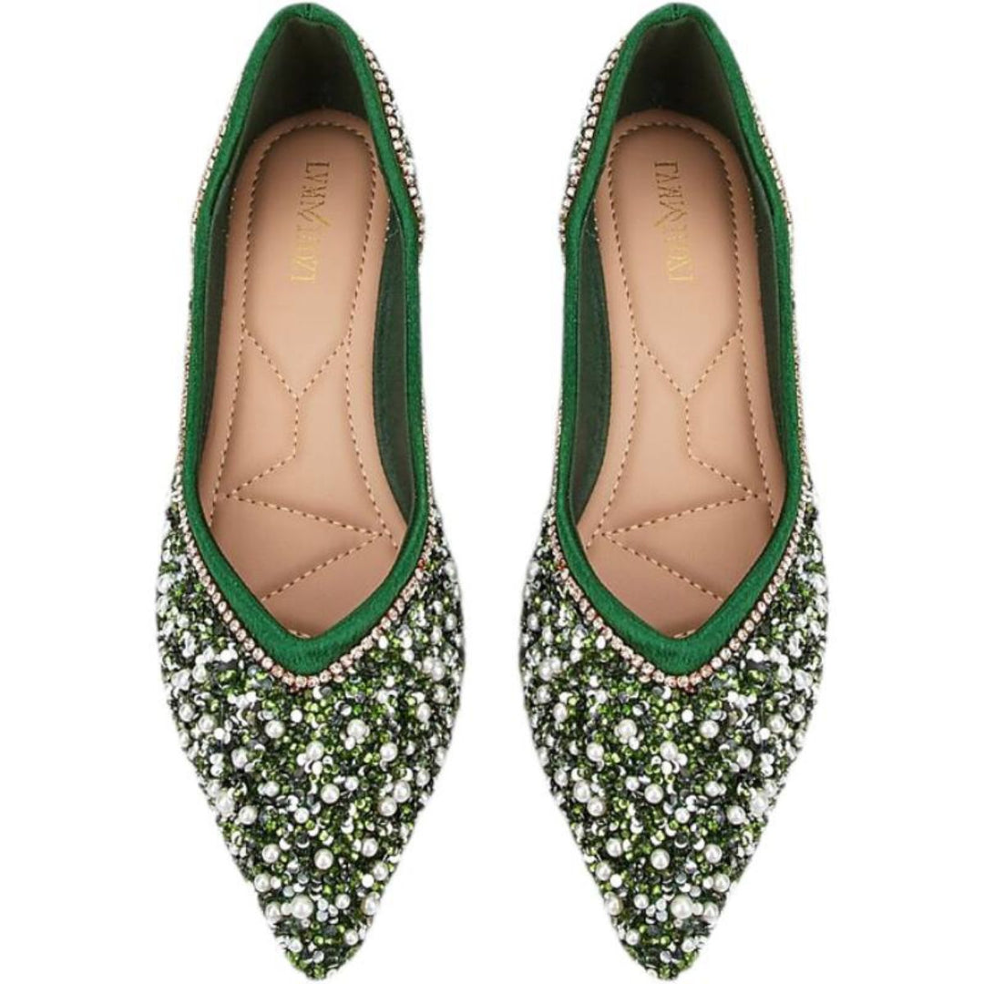 Chaussures de Mariage pour Femmes Chaussures de Mariée Vertes à Bout Pointu et Talon Plat avec Perles