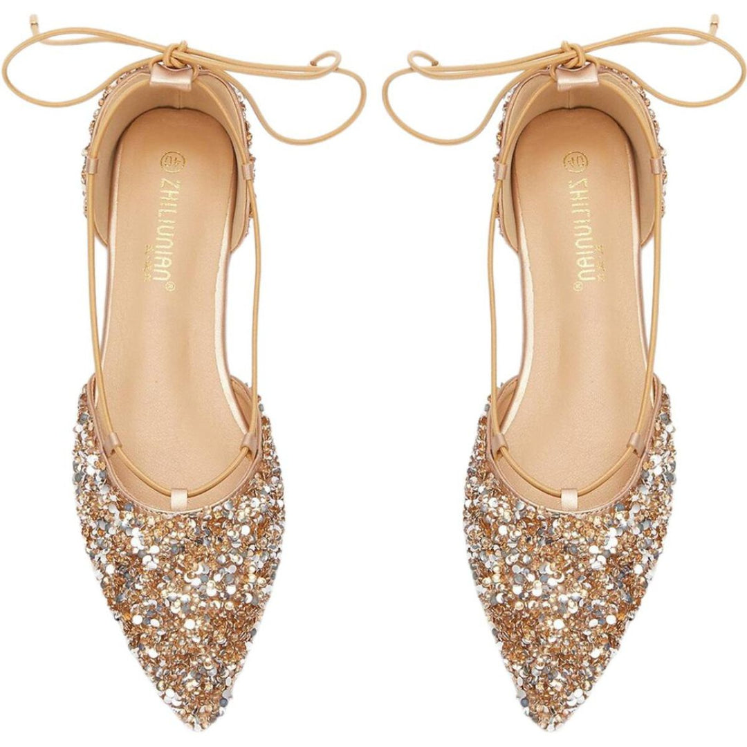 Chaussures de Mariage pour Femmes Chaussures de Mariée à Bout Pointu Dorées à Lacets et à Talon Plat