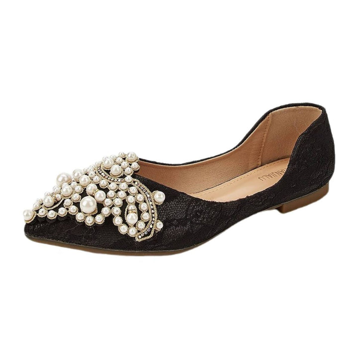 Chaussures de Mariage pour Femmes, Chaussures de Mariée Noires à Bout Pointu, en Dentelle, à Talon Plat et avec Perles