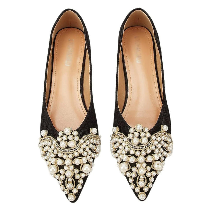 Chaussures de Mariage pour Femmes, Chaussures de Mariée Noires à Bout Pointu, en Dentelle, à Talon Plat et avec Perles