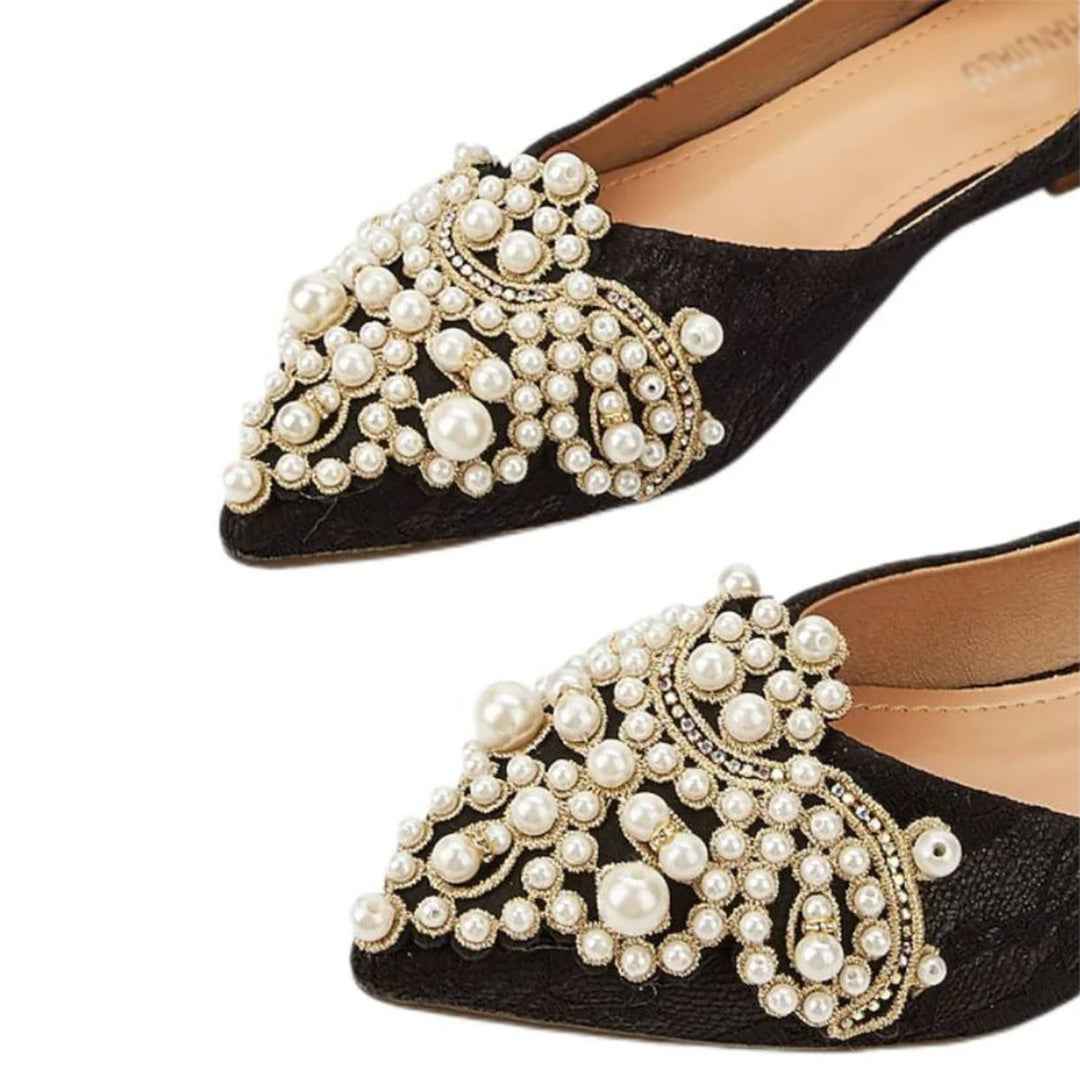 Chaussures de Mariage pour Femmes, Chaussures de Mariée Noires à Bout Pointu, en Dentelle, à Talon Plat et avec Perles