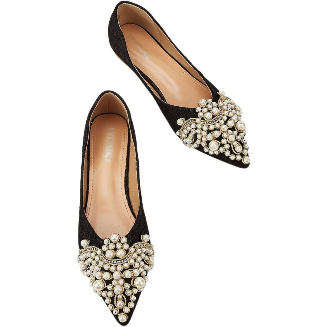 Chaussures de Mariage pour Femmes, Chaussures de Mariée Noires à Bout Pointu, en Dentelle, à Talon Plat et avec Perles