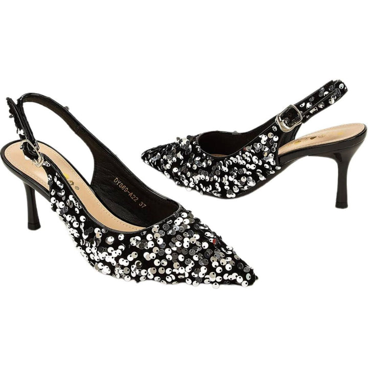 Chaussures de Mariage pour Femmes Chaussures de Mariée Noires à Bout Pointu et Talon Aiguille avec Paillettes