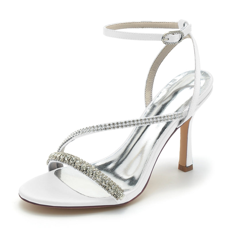 Chaussures de mariage femme bout ouvert talon aiguille, cheville boucle élégante, imitation strass