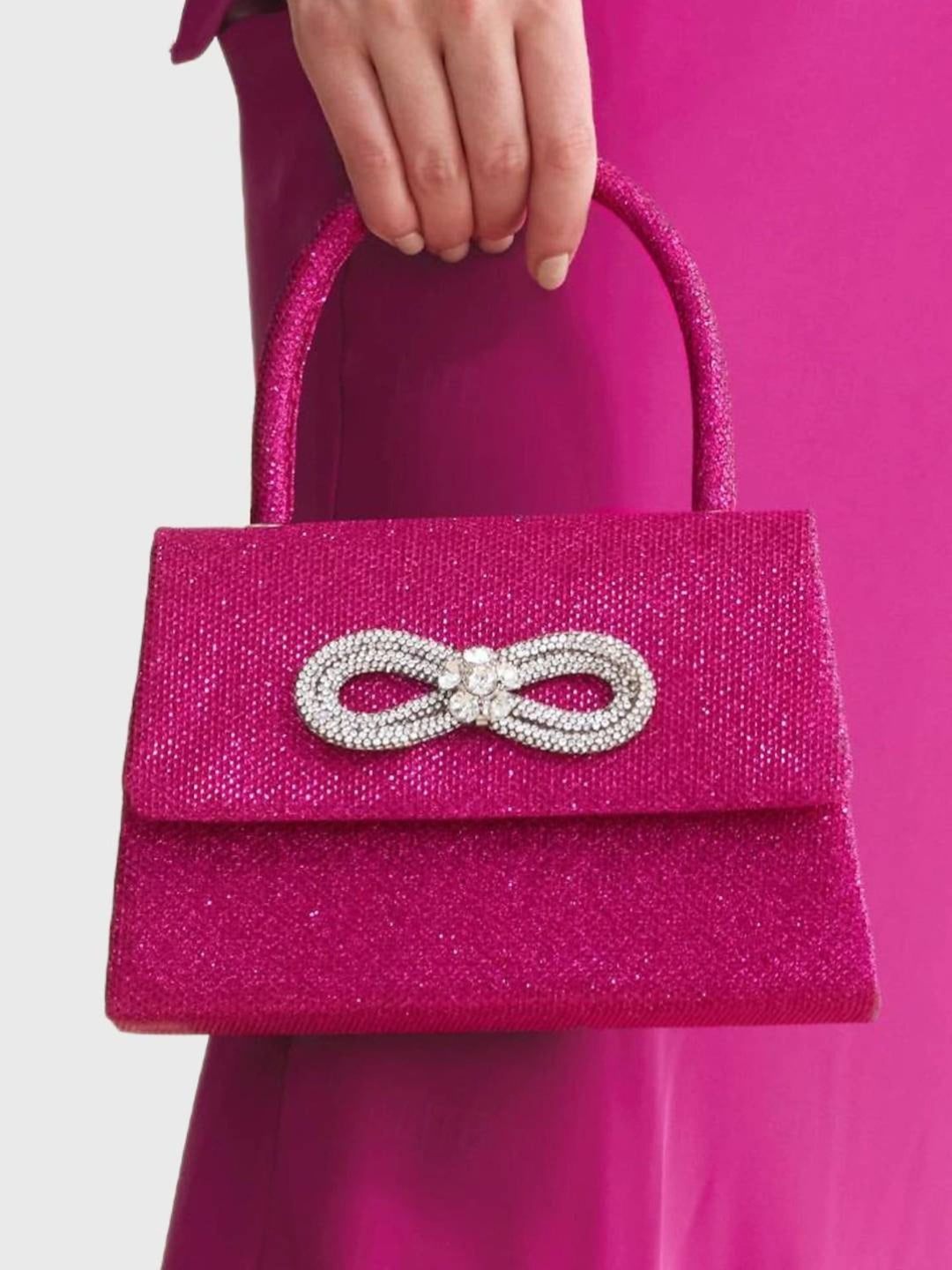Sac à Main Rose Pailleté avec Nœud en Strass