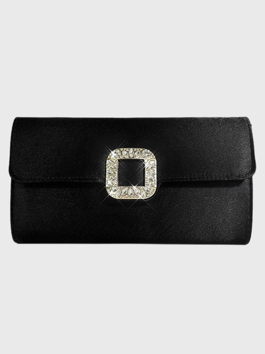 Pochette Élégante en Satin Noir avec Boucle en Strass