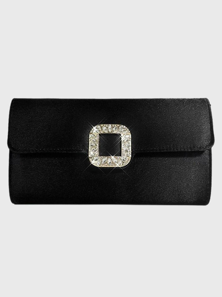 Pochette Élégante en Satin Noir avec Boucle en Strass