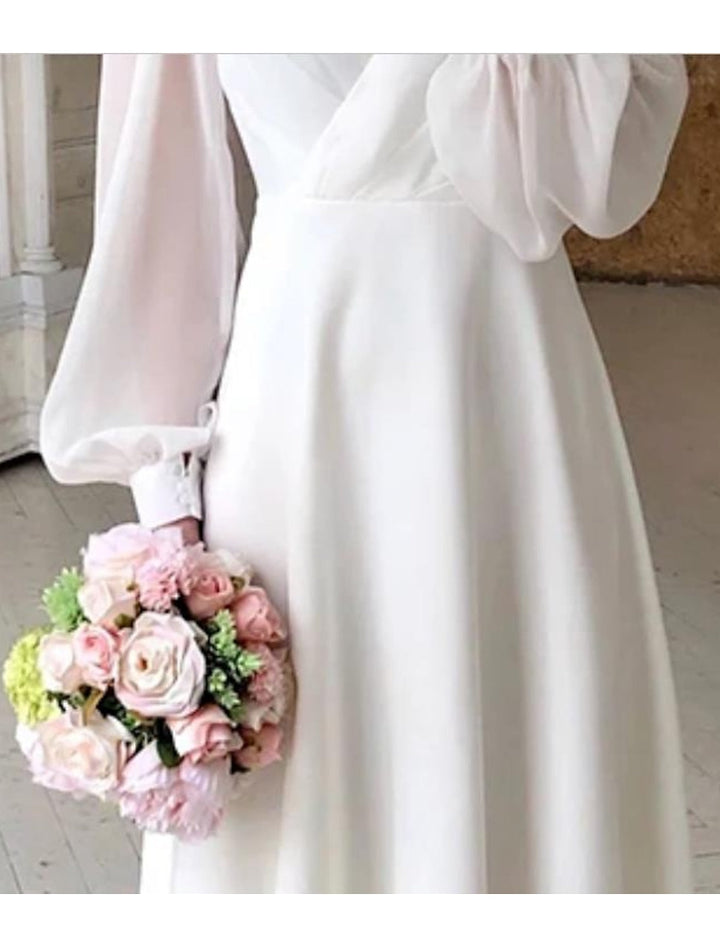 Robe de Mariée Coupe A-Line/Princesse à Col en V et Longueur Thé