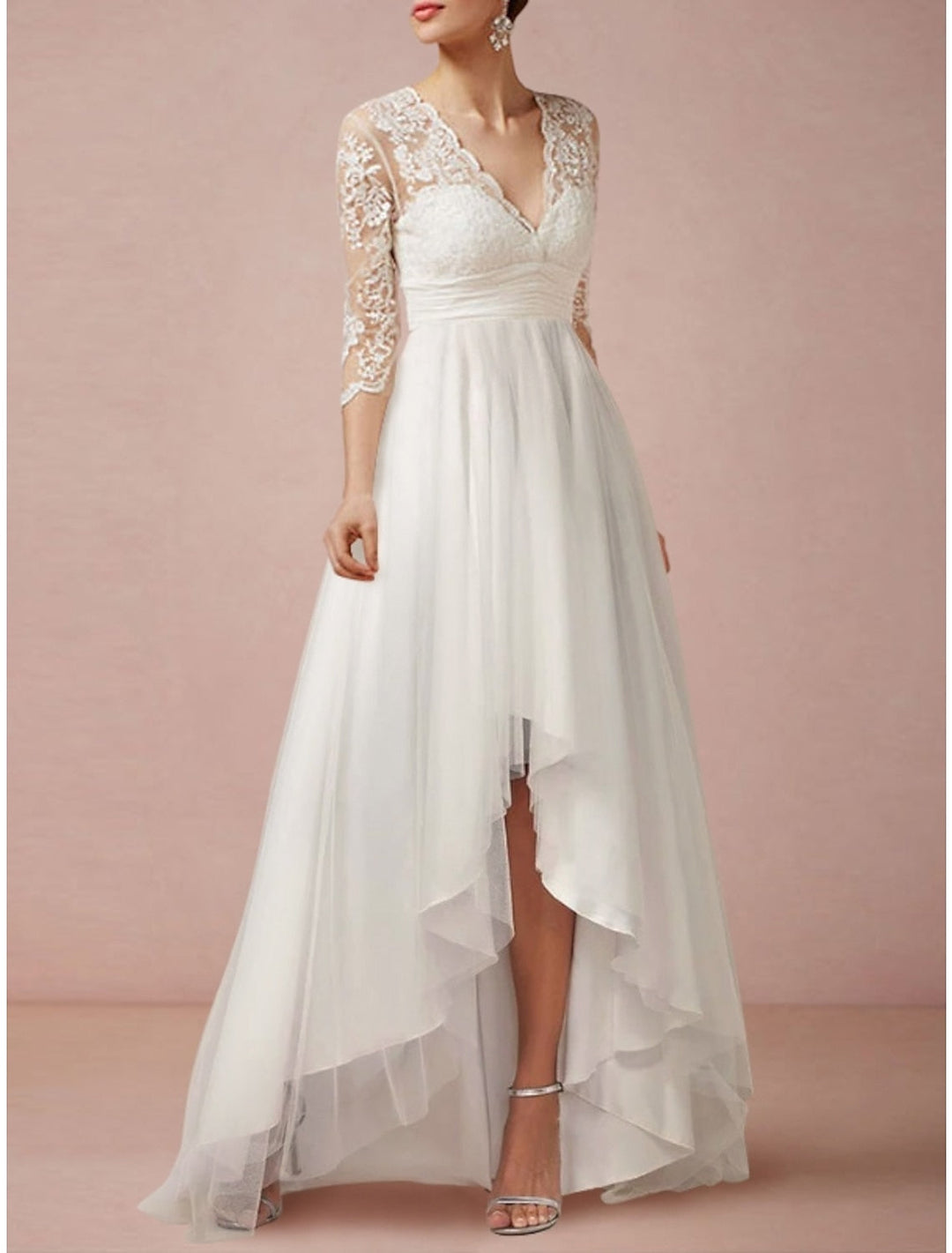 Robe de Mariée Asymétrique en Dentelle à Col en V et Coupe Princesse