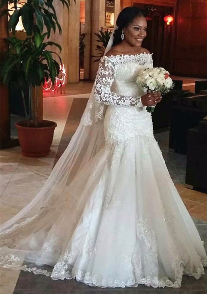 Robe de Mariée en Dentelle à Épaules Dénudées et Longueur Au Sol