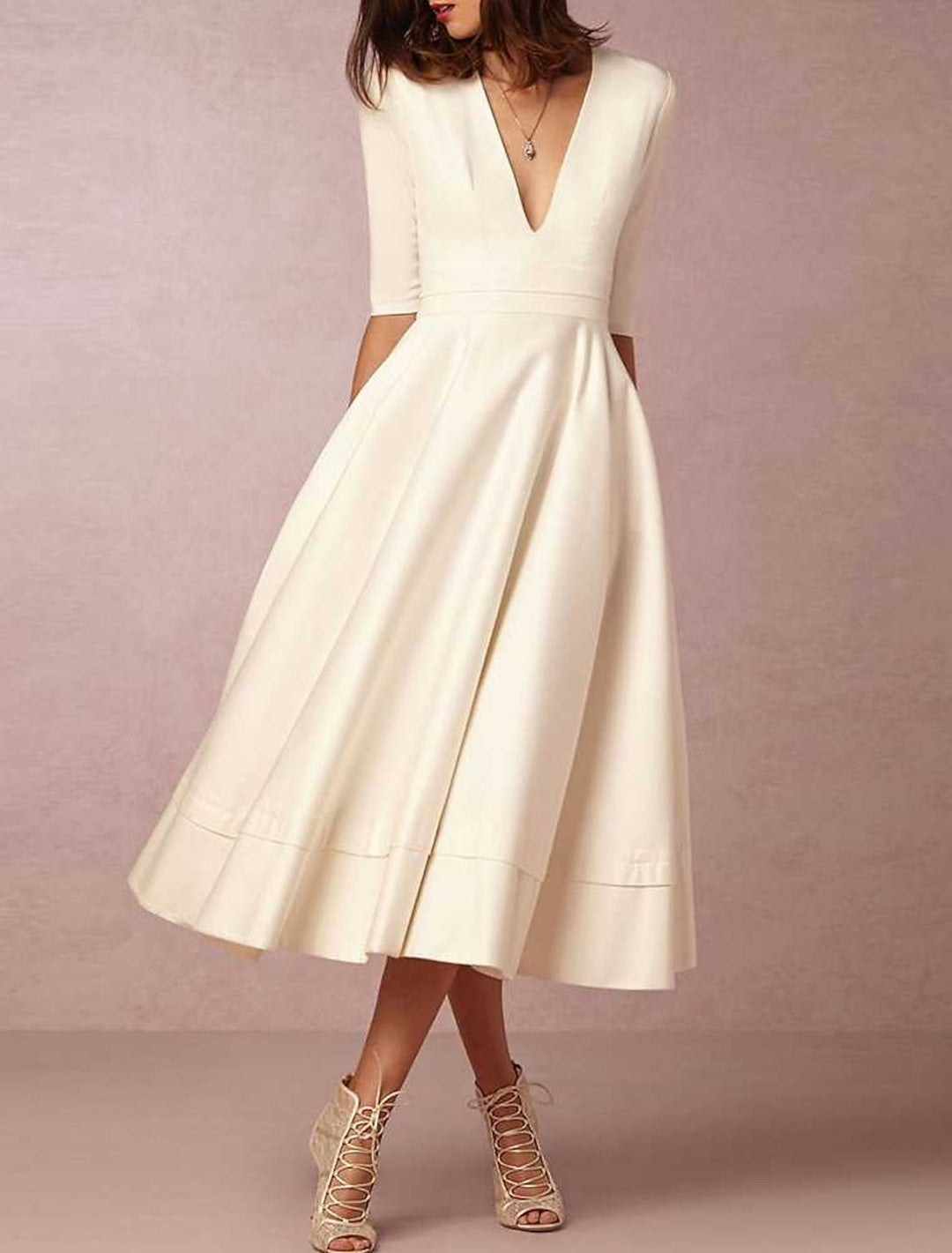 Robe de Mariée Coupe A-Line/Princesse à Col en V et Longueur Thé