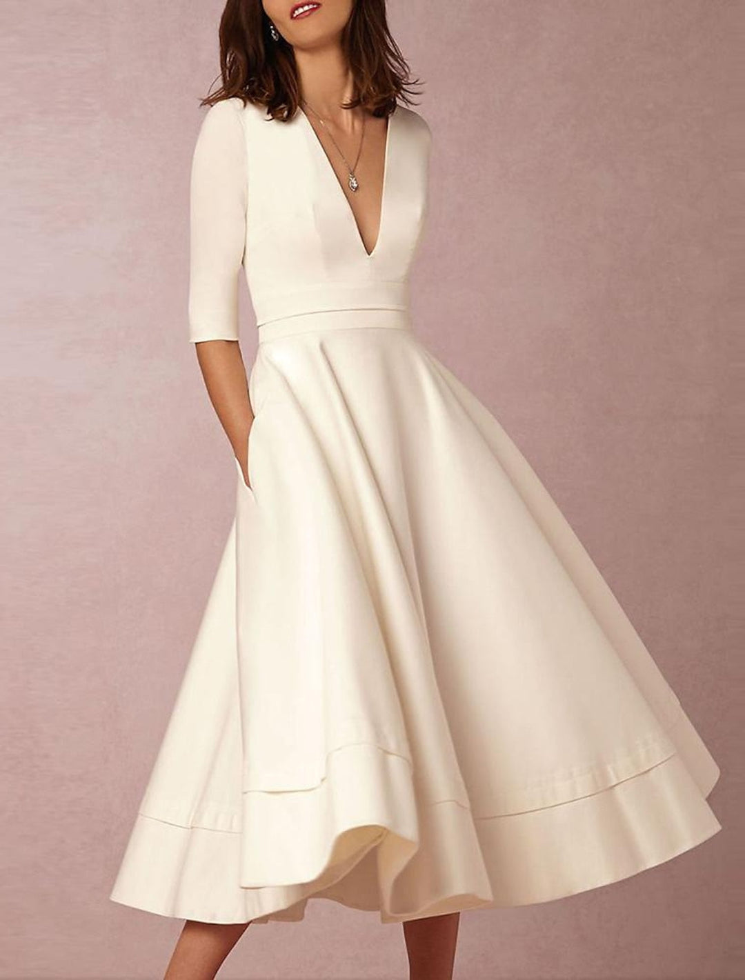 Robe de Mariée Coupe A-Line/Princesse à Col en V et Longueur Thé