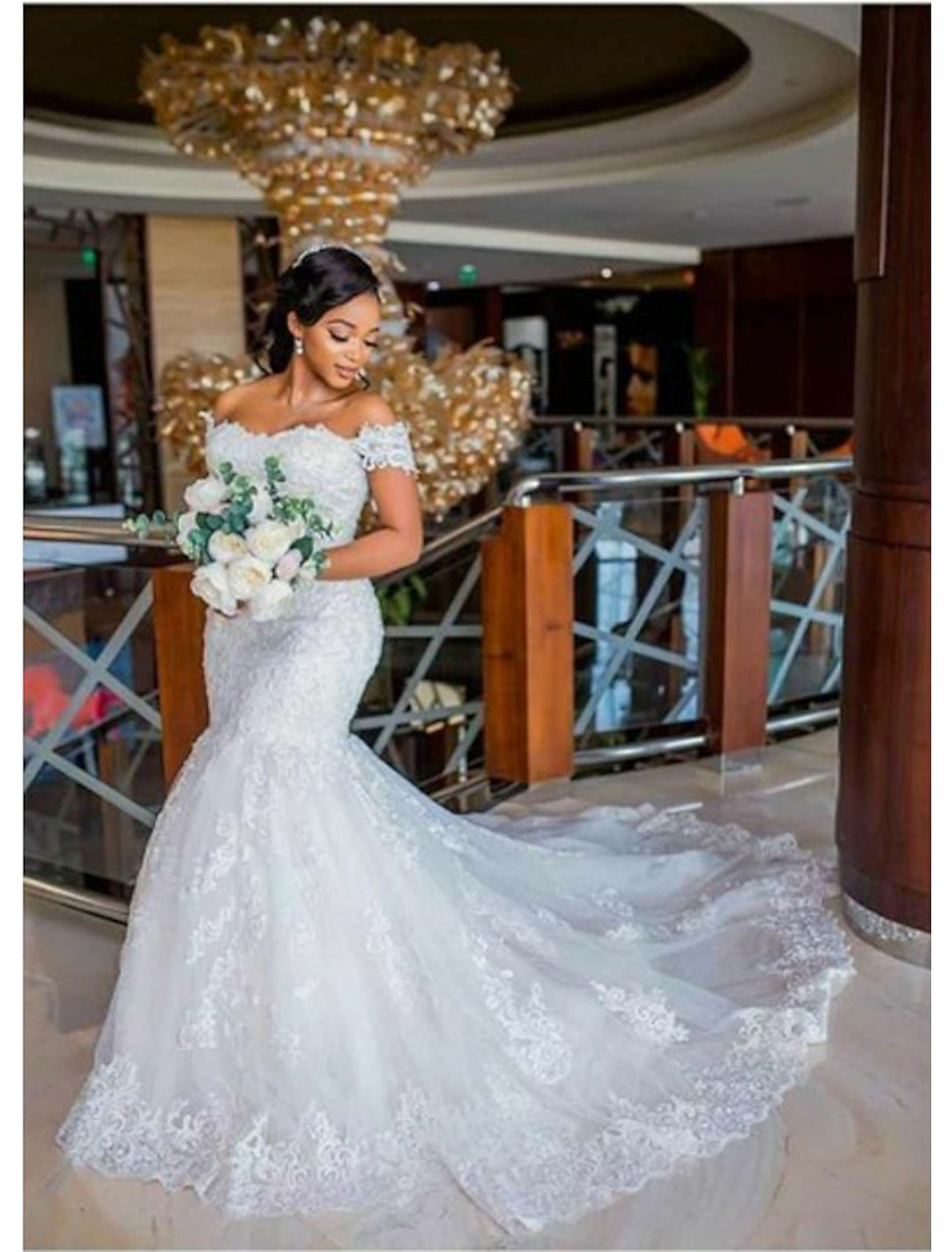 Robe de Mariée Sirène en Dentelle à Épaules Dénudées et Longueur Au Sol