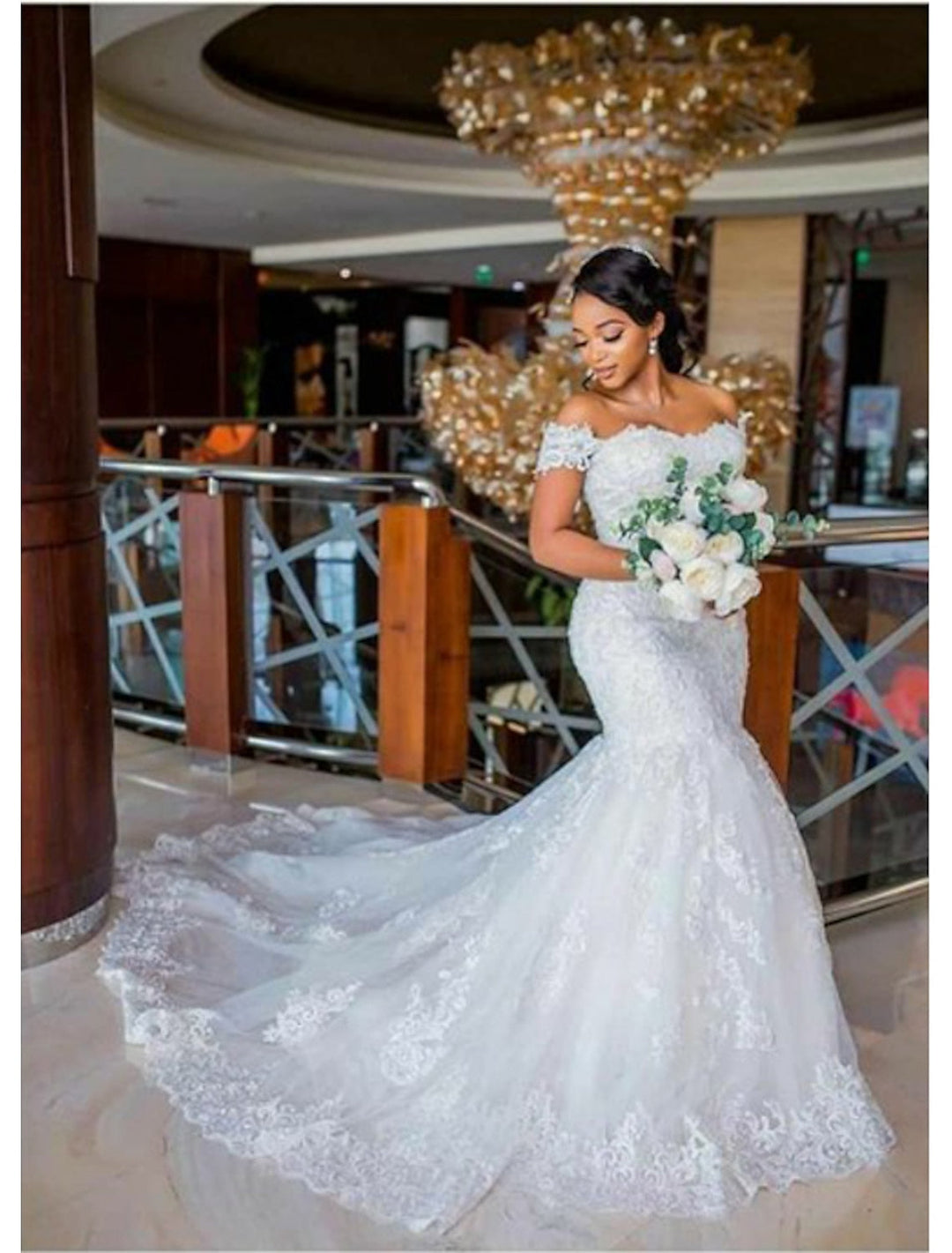 Robe de Mariée Sirène en Dentelle à Épaules Dénudées et Longueur Au Sol