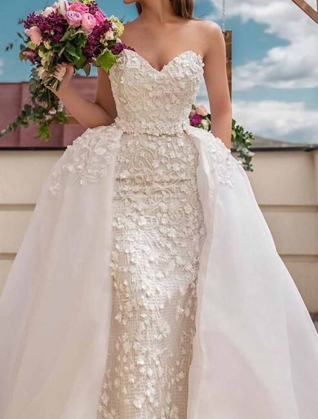 Robe de Mariée en Dentelle Sans Bretelles et Longue Au Sol