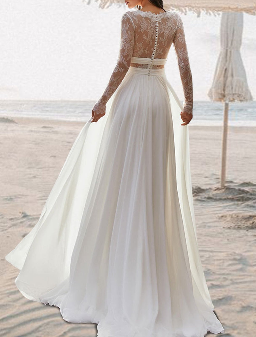 Robe de Mariée en Dentelle Coupe A-Line/Princesse, Col en V, Longueur Au Sol