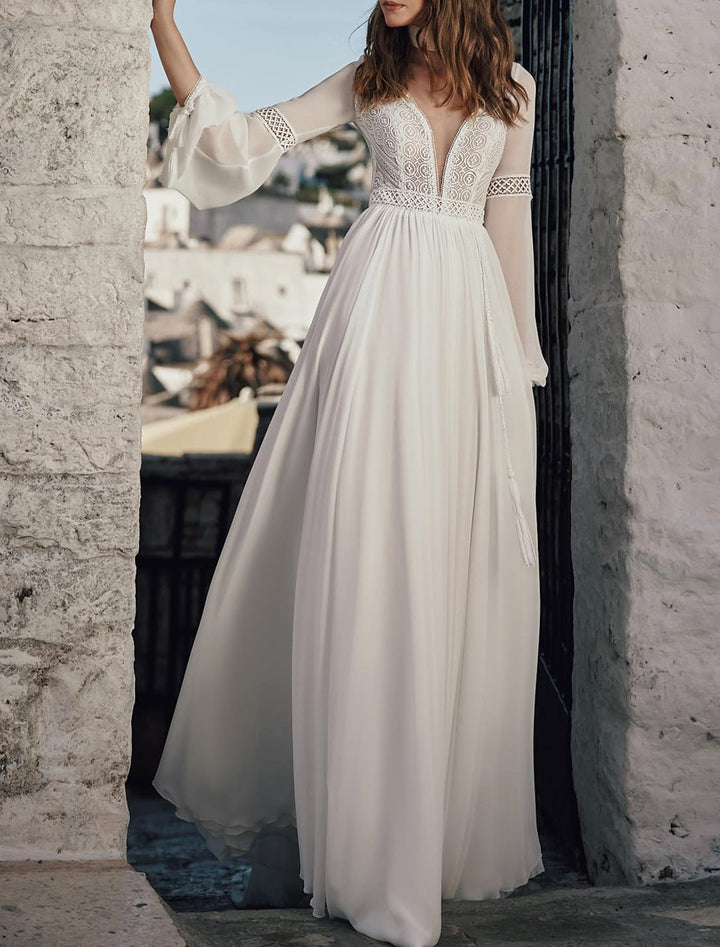 Robe de Mariée en Dentelle Coupe A-Line/Princesse, Col en V, Longueur Au Sol