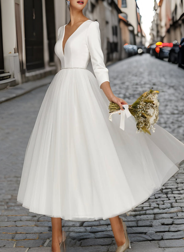 Robe de Mariée Coupe A-Line/Princesse à Col en V et Longueur Thé