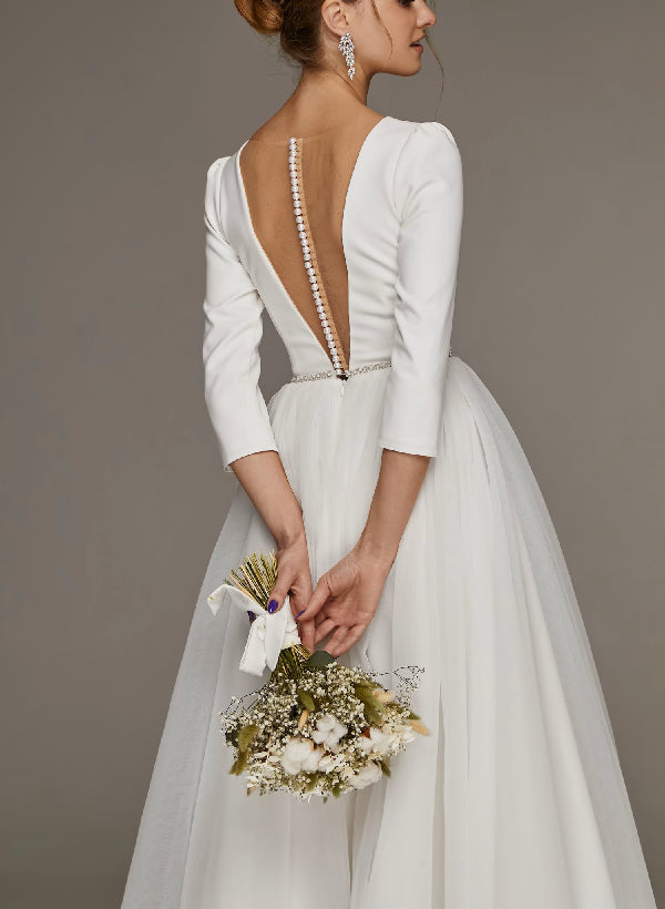 Robe de Mariée Coupe A-Line/Princesse à Col en V et Longueur Thé