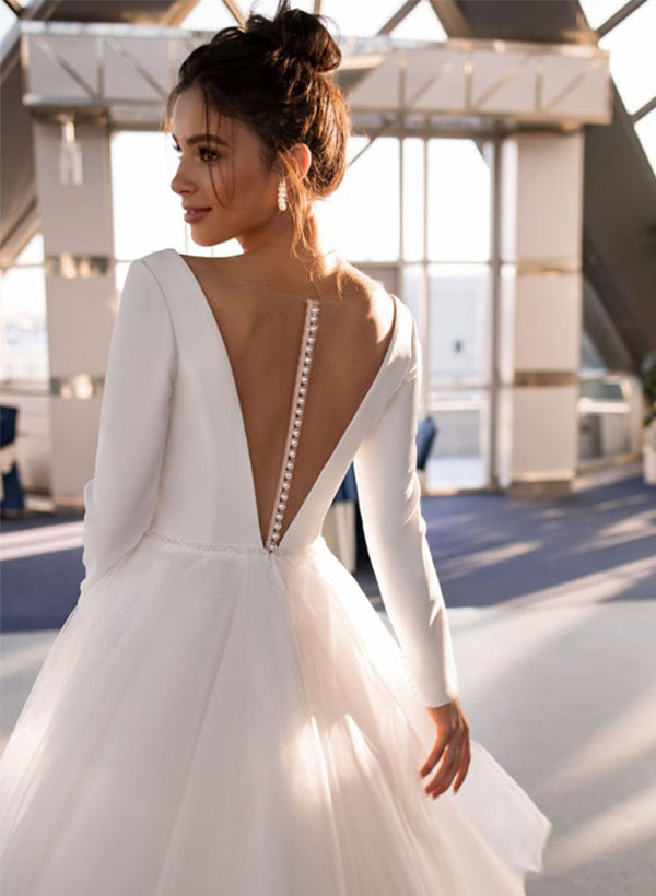 Robe de Mariée Coupe A-Line/Princesse à Col en V et Longueur Thé