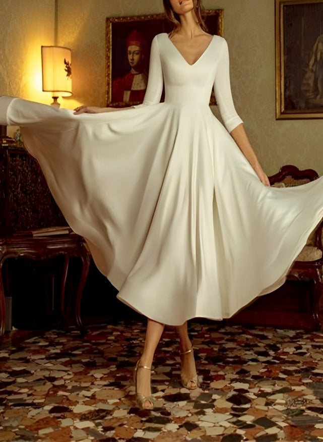 Robe de Mariée Coupe A-Line/Princesse à Col en V et Longueur Thé