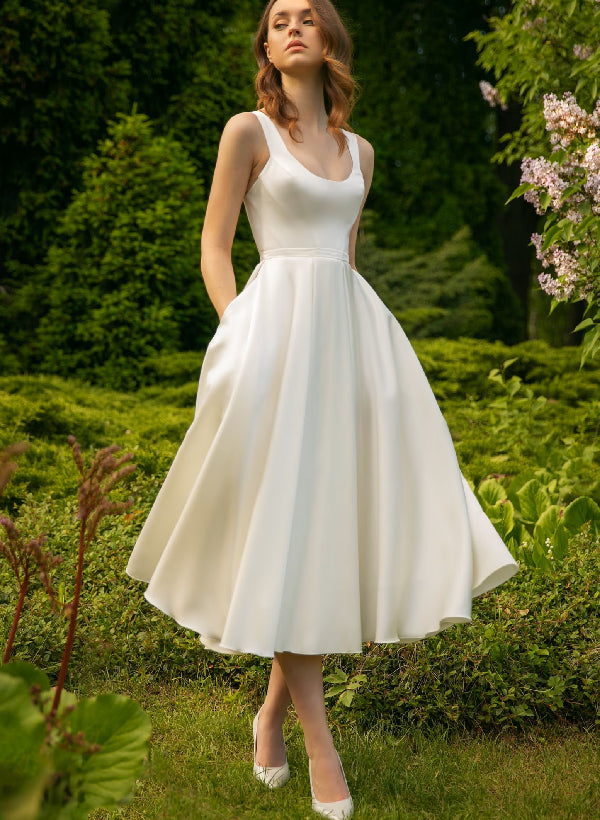 Robe de Mariée Coupe A-Line/Princesse, Longueur Thé, Décolleté Plongeant
