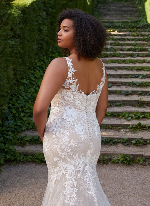 Robe de Mariée Grande Taille en Dentelle à Col en V et Trompette/Sirène avec Appliques