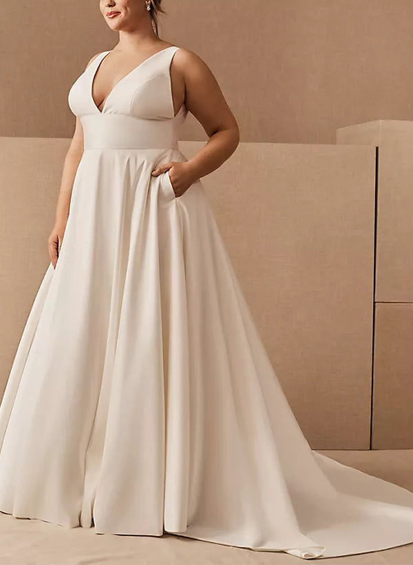 Robe de Mariée Grande Taille Coupe A-Line/Princesse avec Col en V et Poches