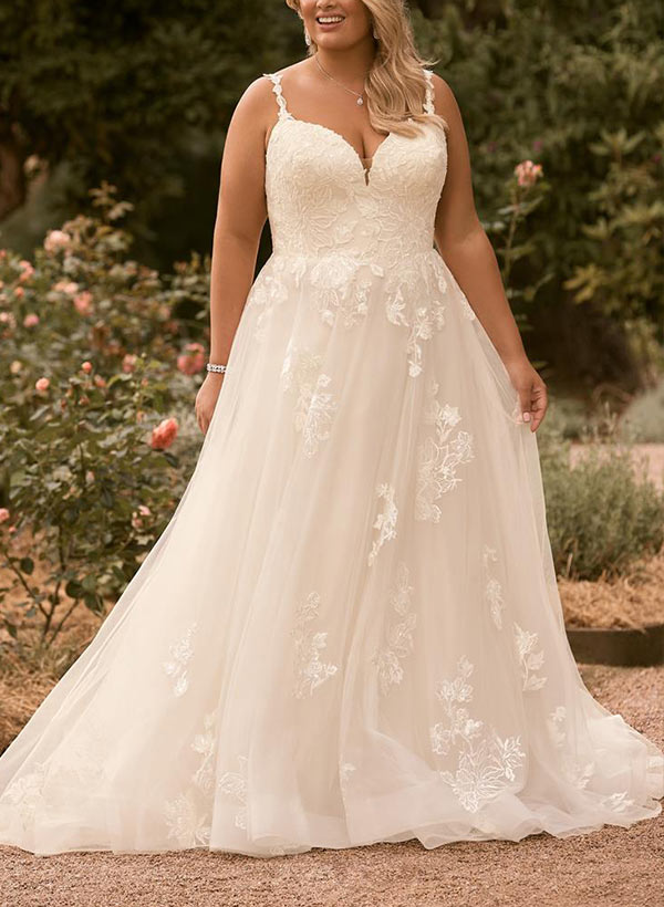 Robe de Mariée Grande Taille en Dentelle à Bretelles Spaghetti et Col en V avec Appliques